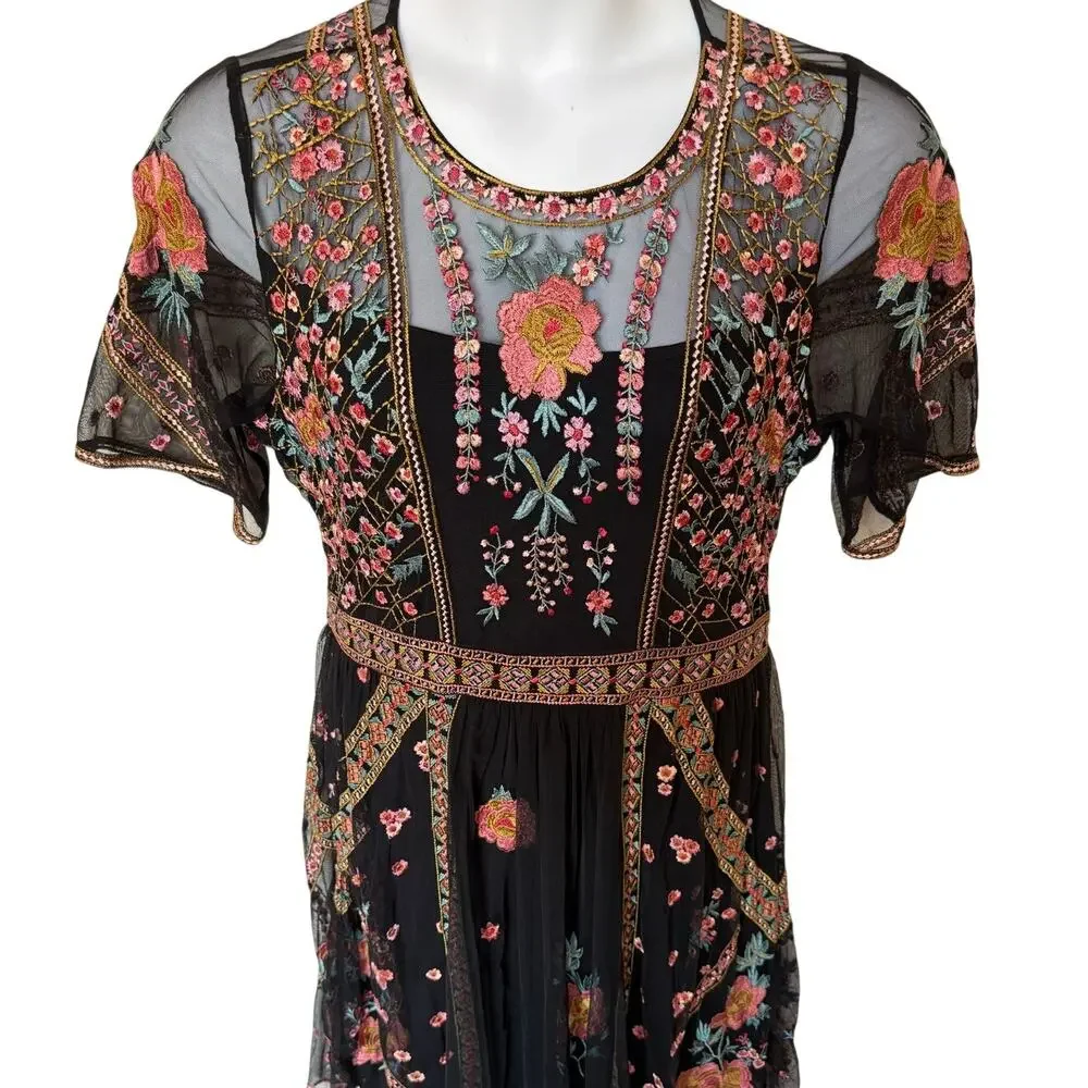 Sundance Roxanna Embroidered Mesh Dress Boho Fall Wedding Cocktail Dress size L